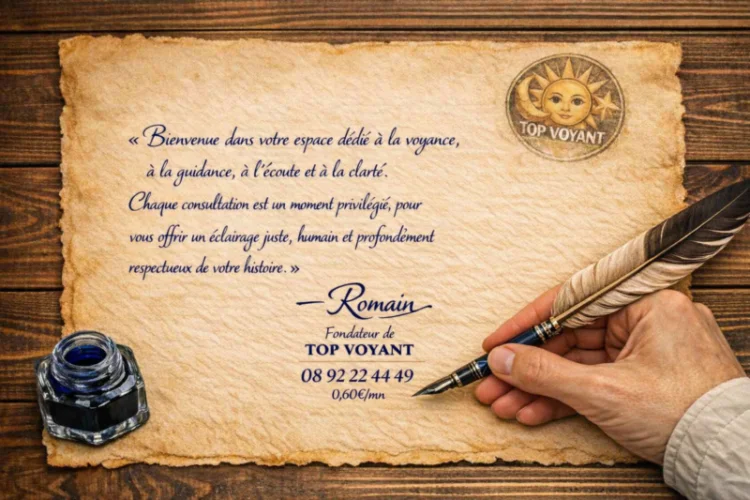 Message de Romain de Top Voyant en forme de parchemin avec écriture plume et encrier